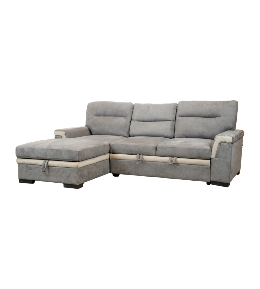 DIVANO LETTO ANGOLARE "ERIKA" IN TESSUTO GRIGIO CON PENISOLA A SINISTRA, 254X92/165X102 CM
